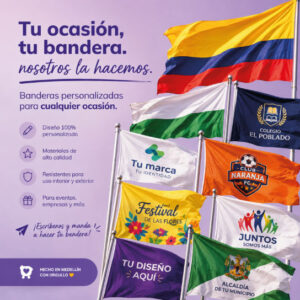 Conjunto de banderas personalizadas para empresas, instituciones, eventos y organizaciones fabricadas en Medellín con impresión de alta calidad.