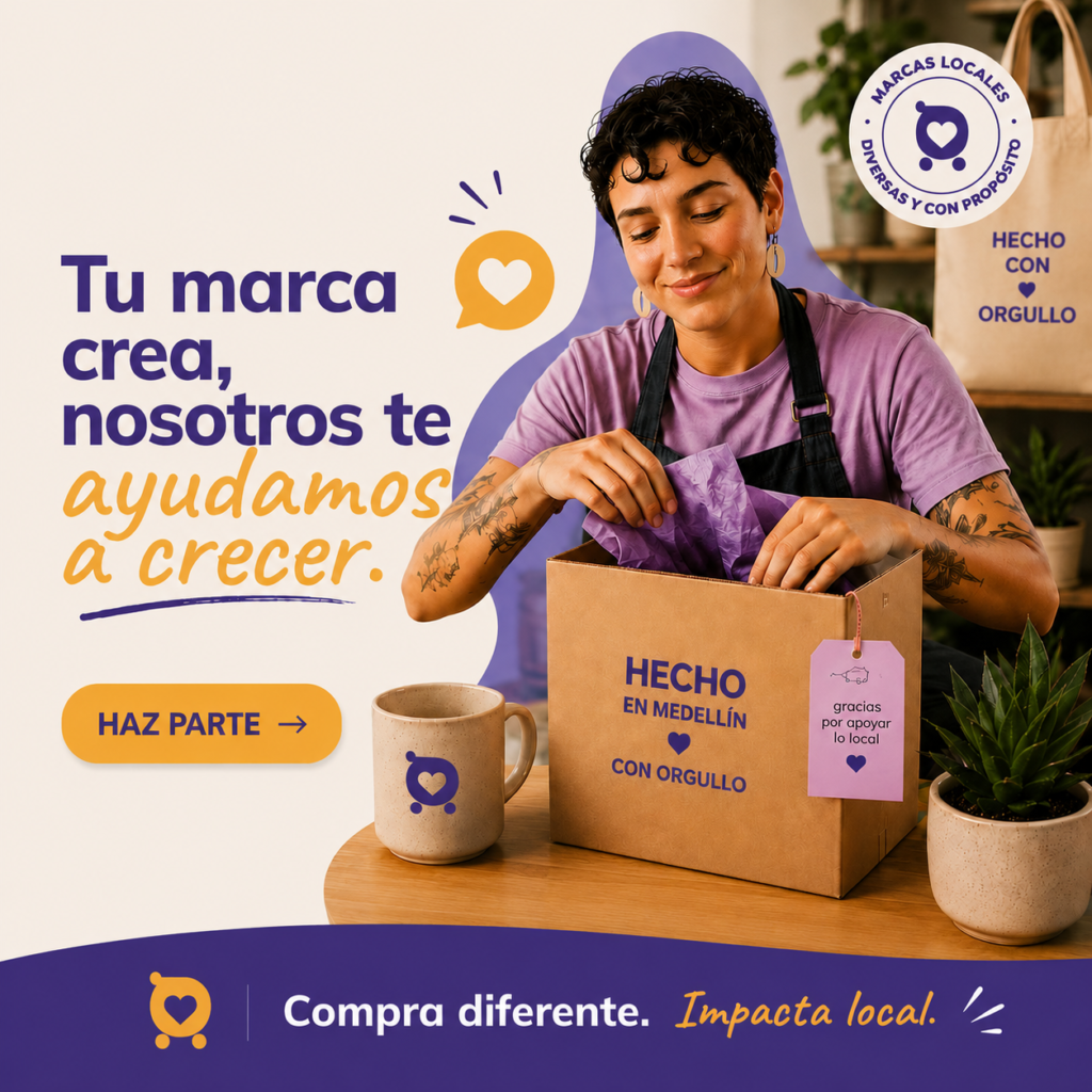 Emprendedora promocionando Compra Orgullo, plataforma para impulsar marcas locales con estrategia, promoción y ventas en Medellín.