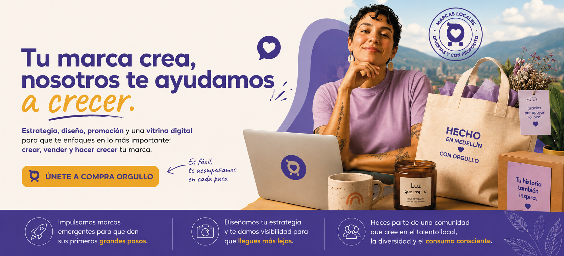 Emprendedora promocionando Compra Orgullo, plataforma para impulsar marcas locales con estrategia, promoción y ventas en Medellín.