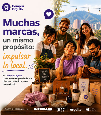 Banner de Compra Orgullo con emprendedores locales exhibiendo productos artesanales y promoviendo el consumo de marcas locales con propósito en Medellín.